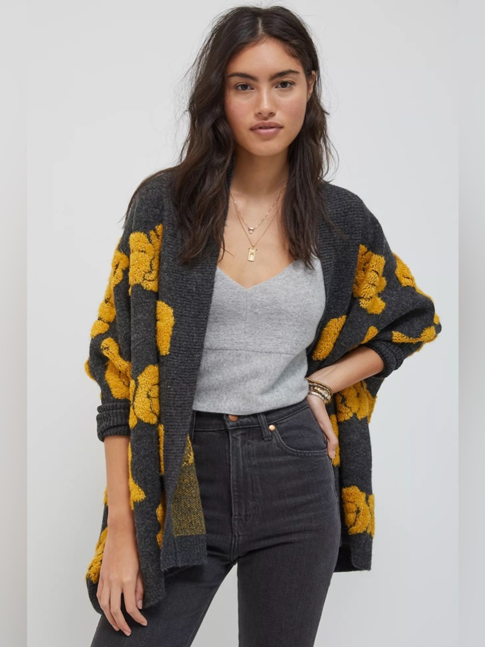Anthropologie Pilcro Rosetta Cardigan Textured Open Grey Yellow Flower One Size
